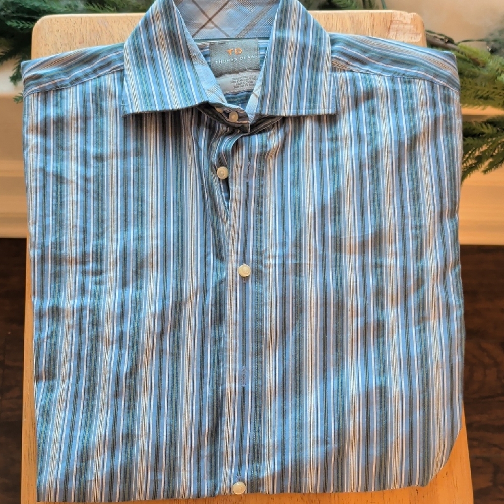 Thomas Dean Blue and Gray Striped Casual Shirt